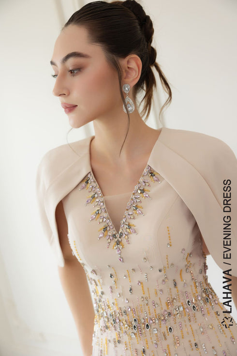 Luxurious beige cape sleeves evening dress